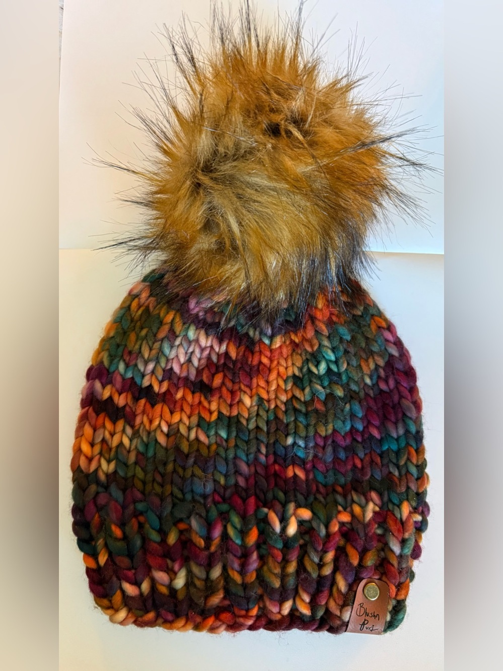 Handmade Multicolor Chunky Knit Beanie with Faux Fur Pom 100% merino wool